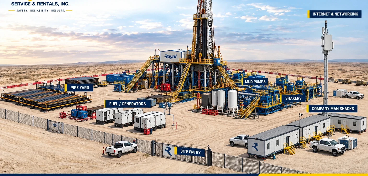 Royal systems across an onshore rig site